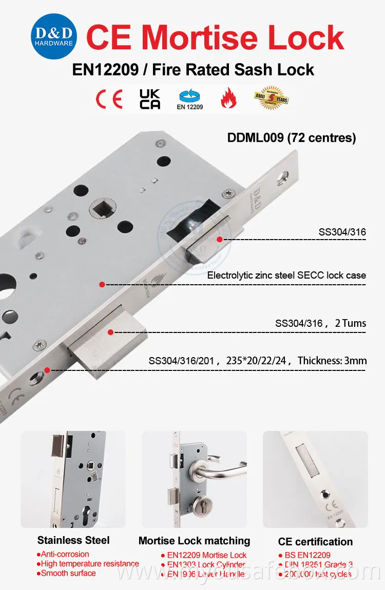 CE Security Euro Fire Rated Stainless Steel Safe Mortise Handle Metal Sash SUS Commercial Wooden Cylinder Magnetic Key Zinc Sliding Inner Guangdong Door Lock